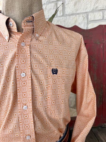 Men's Cinch Orange and White Long Sleeve Button-Up Shirt