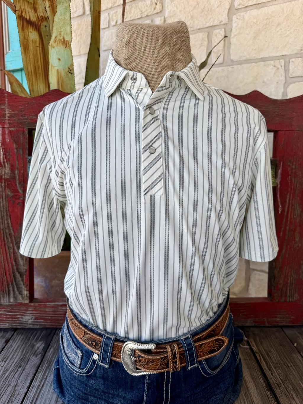 Men's natural and olive stripe short sleeve pullover Western shirt — Blair's Western Wear Marble Falls TX