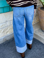 Women's Wide Leg Barrel Crop Jeans with Cuffed Hem