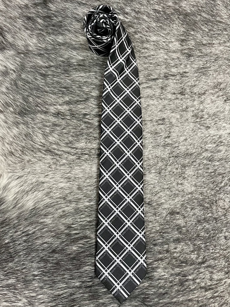 Men's black satin necktie with bold white diagonal plaid crosshatch pattern, smooth finish, standard width pointed tip — Blair's Western Wear Marble Falls TX
