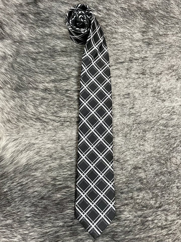 Men's black satin necktie with bold white diagonal plaid crosshatch pattern, smooth finish, standard width pointed tip — Blair's Western Wear Marble Falls TX