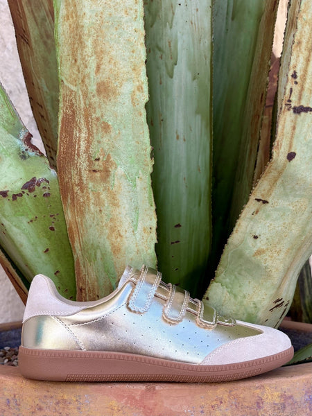 Metallic gold + cream suede, triple velcro straps, gum sole, agave backdrop