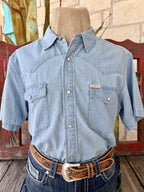 Men's Sendero Chambray Denim solid short sleeve western shirt with pearl snap buttons and dual chest pockets — Blair's Western Wear Marble Falls TX