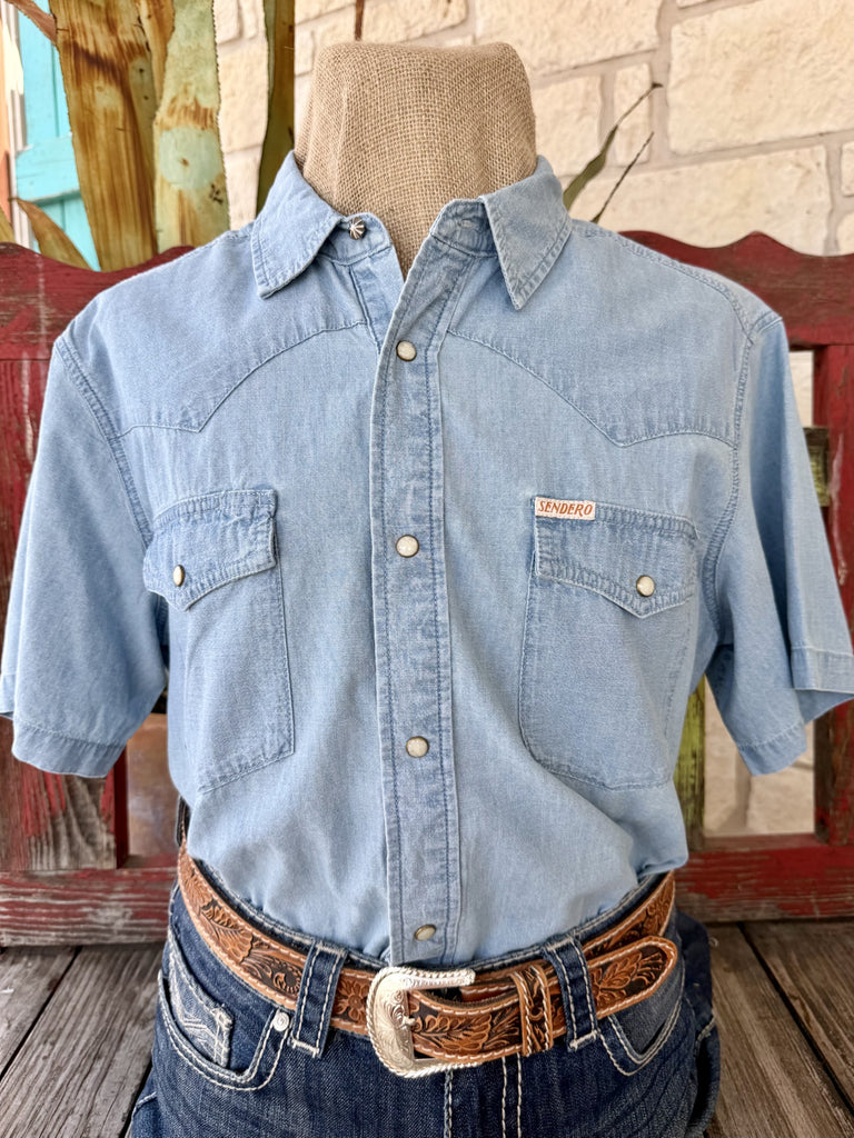 Men's Sendero Chambray Denim solid short sleeve western shirt with pearl snap buttons and dual chest pockets — Blair's Western Wear Marble Falls TX