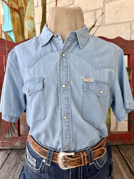 Men's Sendero Chambray Denim solid short sleeve western shirt with pearl snap buttons and dual chest pockets — Blair's Western Wear Marble Falls TX