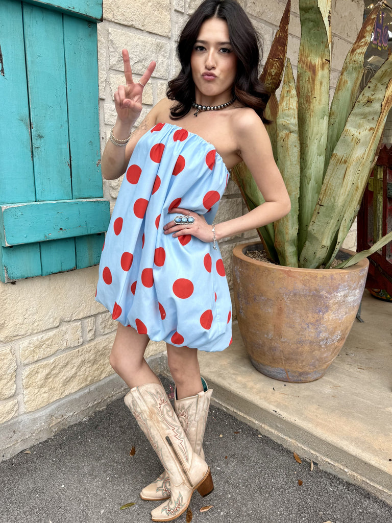 Women’s Light Blue Polka Dot Strapless Bubble Dress - A4233