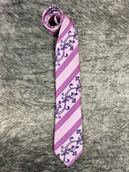 Men's mauve and plum satin necktie folded, featuring diagonal Greek key stripe and floral scroll print — Blair's Western Wear Marble Falls TX