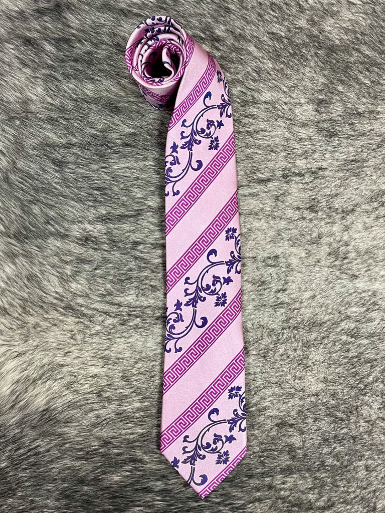 Men's mauve and plum satin necktie folded, featuring diagonal Greek key stripe and floral scroll print — Blair's Western Wear Marble Falls TX