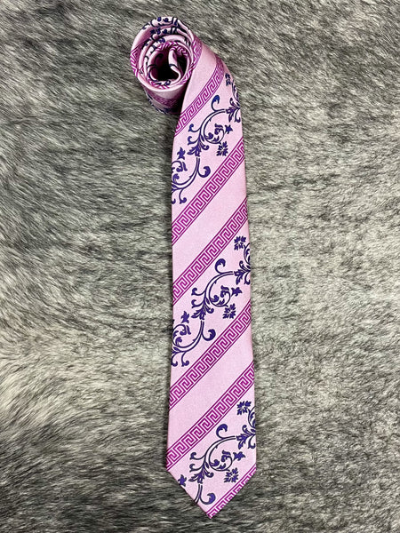 Men's mauve and plum satin necktie folded, featuring diagonal Greek key stripe and floral scroll print — Blair's Western Wear Marble Falls TX