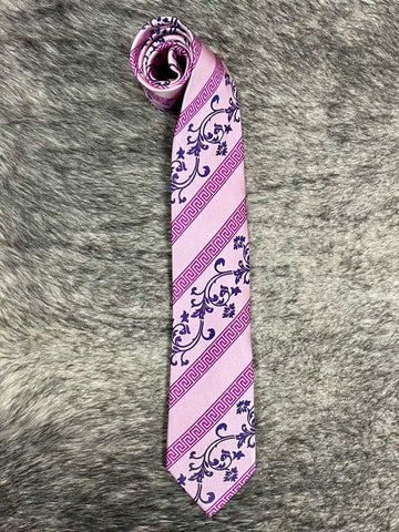 Men's mauve and plum satin necktie folded, featuring diagonal Greek key stripe and floral scroll print — Blair's Western Wear Marble Falls TX