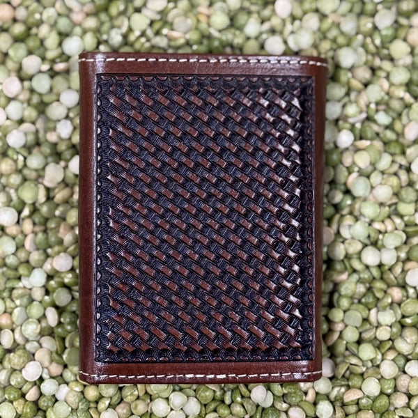 Men's Brown Tooled Overlay Praying Cowboy Concho Trifold Wallet