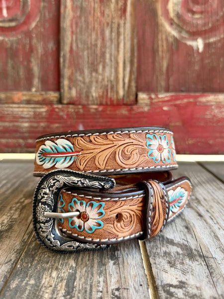 NAT/TURQ painted tooled Western belt for kids with colorful Western design — Blair's Western Wear Marble Falls TX