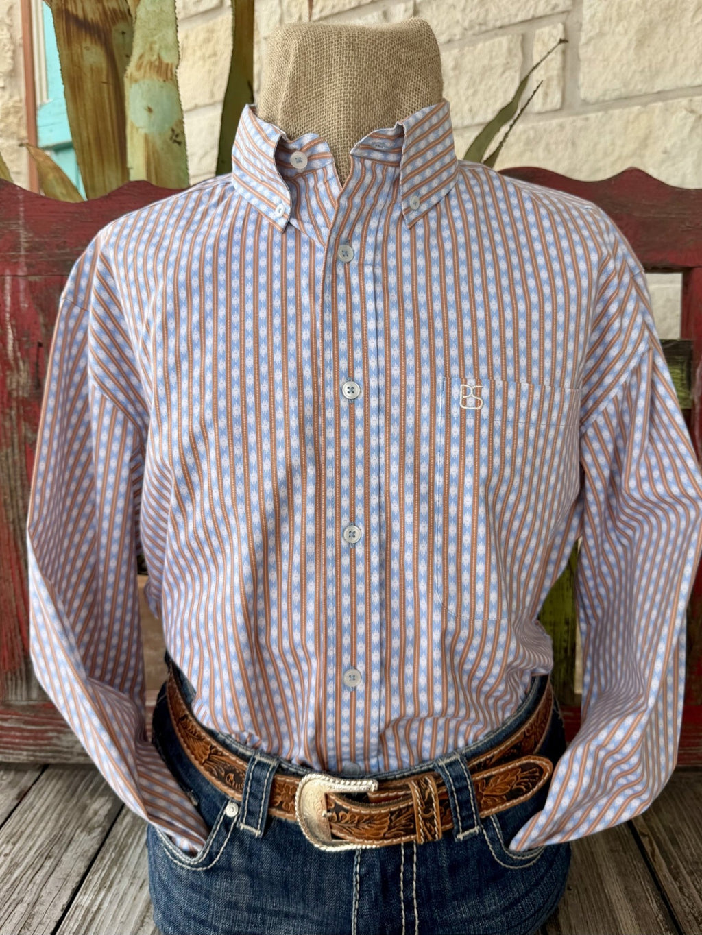 Men's light blue and rust Aztec-inspired print long sleeve button-up shirt with point collar and single chest pocket, front view — Blair's Western Wear Marble Falls TX