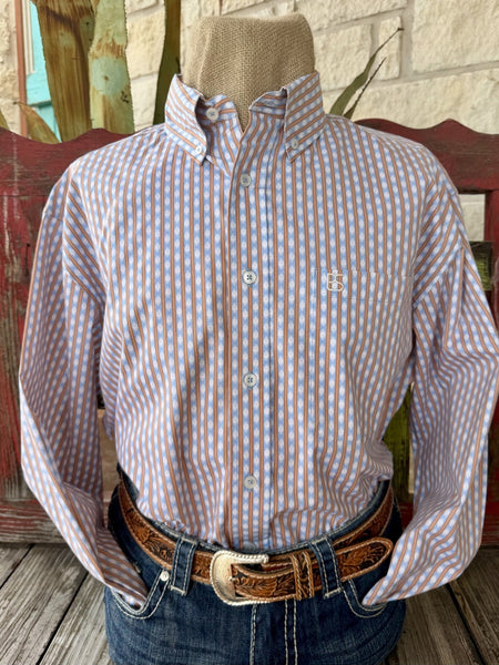 Men's light blue and rust Aztec-inspired print long sleeve button-up shirt with point collar and single chest pocket, front view — Blair's Western Wear Marble Falls TX