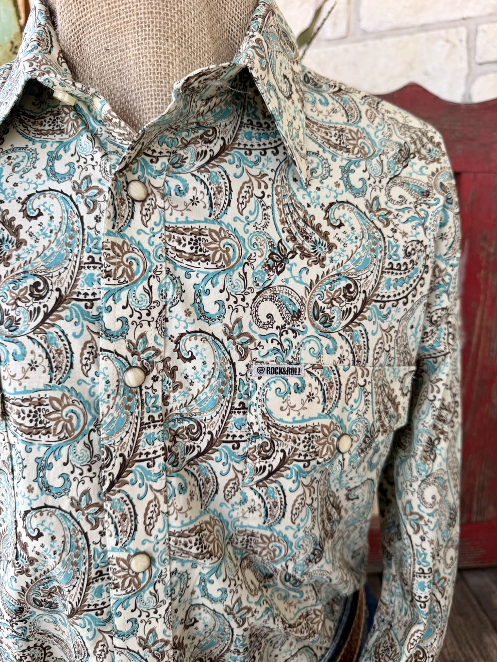 Men's Rock & Roll Natural Turquoise & Brown Paisley Snap Western Shirt