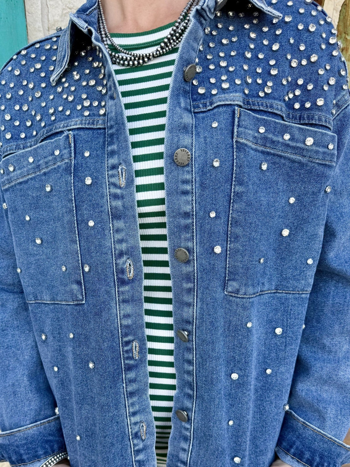 Women's Blue Rhinestone Denim Shacket