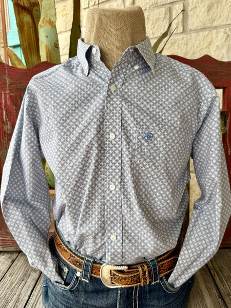 Men's Ariat white brown and blue circle print long sleeve button-up shirt — Blair's Western Wear Marble Falls TX
