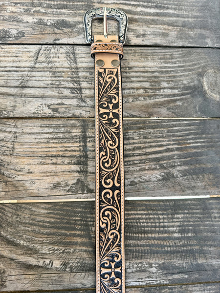Men's Two-Tone Tooled Cross Belt