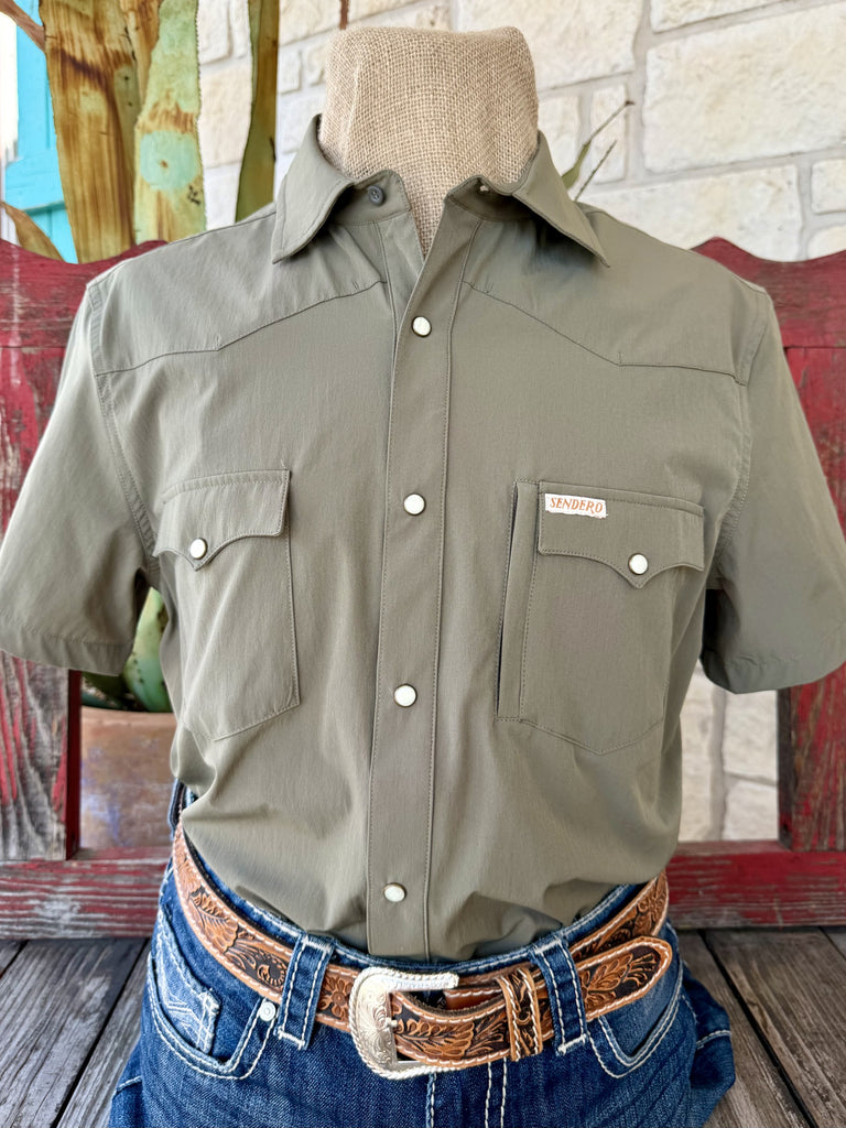 Men's Sendero Desert Sage solid olive-green pearl snap short sleeve western shirt with dual chest pockets, Sendero label tag, and western yoke — Blair's Western Wear Marble Falls TX