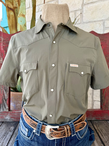 Men's Sendero Desert Sage solid olive-green pearl snap short sleeve western shirt with dual chest pockets, Sendero label tag, and western yoke — Blair's Western Wear Marble Falls TX