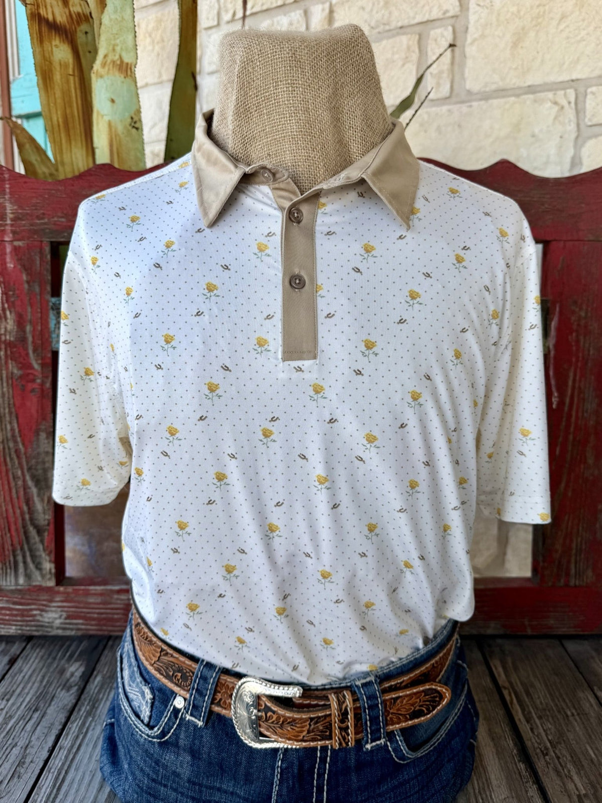 Men's natural tan and yellow Texas rose print pullover short sleeve shirt — Blair's Western Wear Marble Falls TX