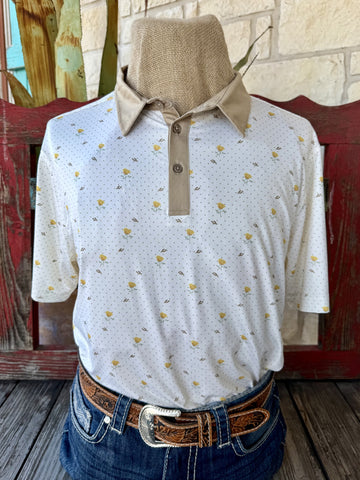 Men's natural tan and yellow Texas rose print pullover short sleeve shirt — Blair's Western Wear Marble Falls TX