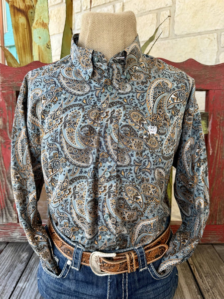 Men's blue and orange paisley long sleeve button-up shirt with point collar and single chest pocket, front view — Blair's Western Wear Marble Falls TX