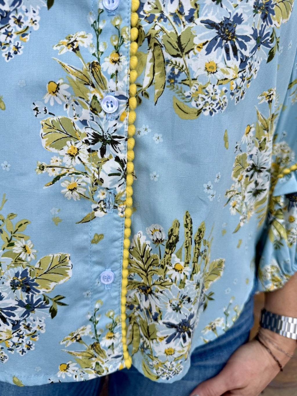 Women's Light Blue Floral Button-Up Blouse
