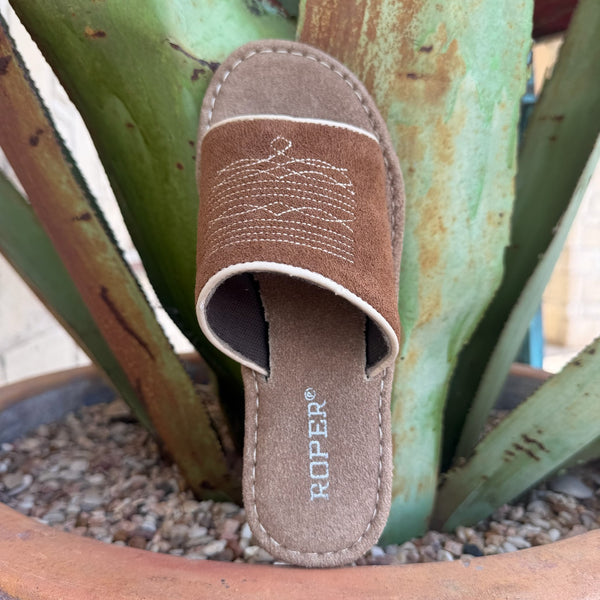 Women's tan suede slide boot with cushioned footbed and slip-on silhouette — Blair's Western Wear Marble Falls TX