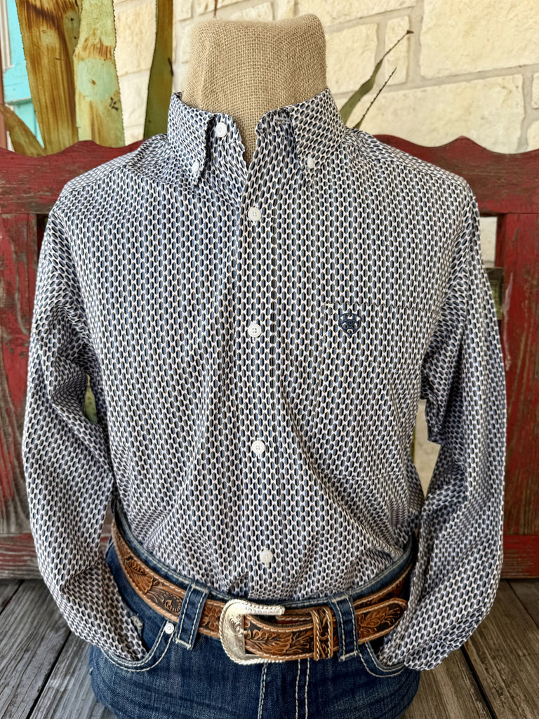 Men's white, black, and blue geometric print long-sleeve Western shirt — Blair's Western Wear Marble Falls TX