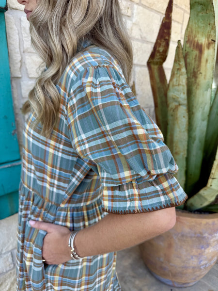 Embroidered Floral Hem Plaid Dress