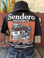 Men's black Sendero Provisions Spirit of the West cassette tape graphic tee with rust orange back print and honky tonkin' tagline, back view — Blair's Western Wear Marble Falls TX