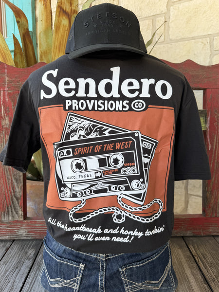 Men's black Sendero Provisions Spirit of the West cassette tape graphic tee with rust orange back print and honky tonkin' tagline, back view — Blair's Western Wear Marble Falls TX