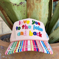 Pink cap with raised multicolor “love you to the lake and back” embroidery and a curved rainbow-striped brim — Blair's Western Wear Marble Falls TX