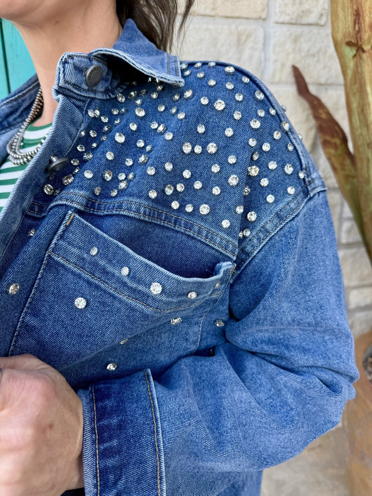 Women's Blue Rhinestone Denim Shacket