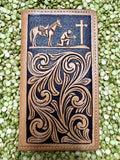 Men’s natural and chocolate Prayin’ Cowboy checkbook wallet — Blair’s Western Wear Marble Falls TX