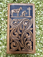 Men’s natural and chocolate Prayin’ Cowboy checkbook wallet — Blair’s Western Wear Marble Falls TX