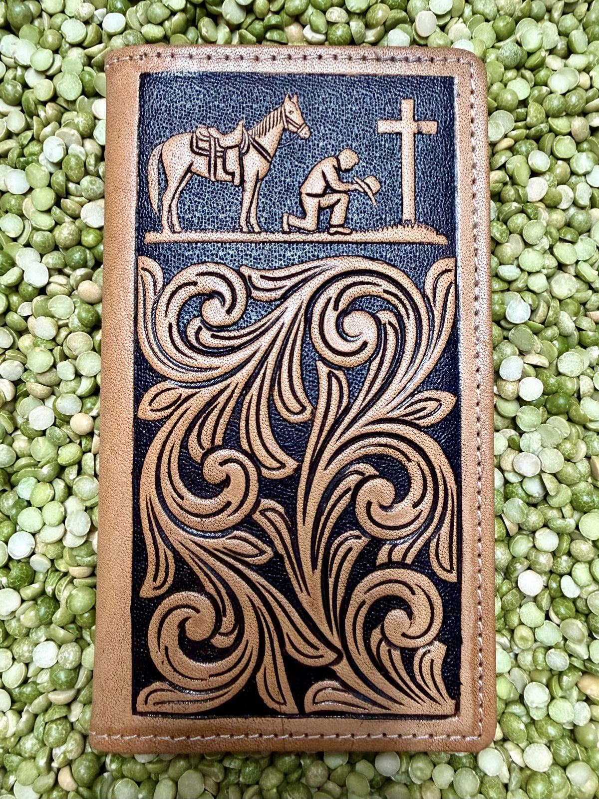 Men’s natural and chocolate Prayin’ Cowboy checkbook wallet — Blair’s Western Wear Marble Falls TX