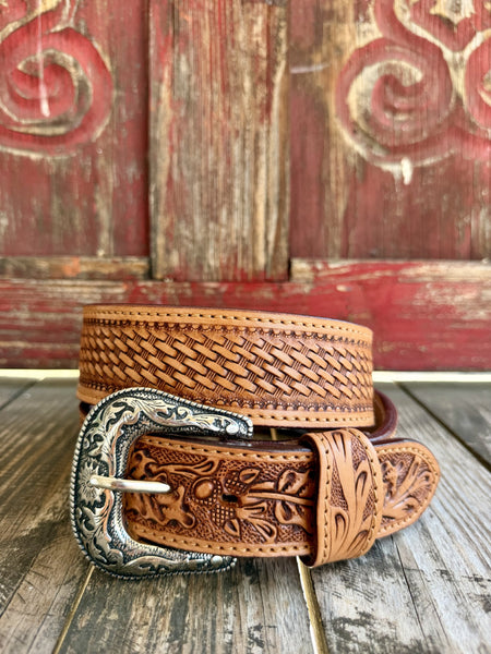Men's Basketweave Tooled Western Belt