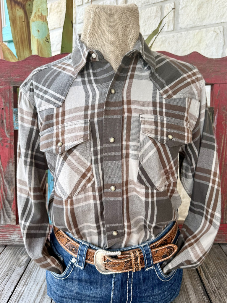Men's tan, brown, and gray plaid long sleeve shirt with point collar and chest pocket, front view — Blair's Western Wear Marble Falls TX