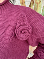 Women's Burgundy 3D Floral Textured Knit Sweater