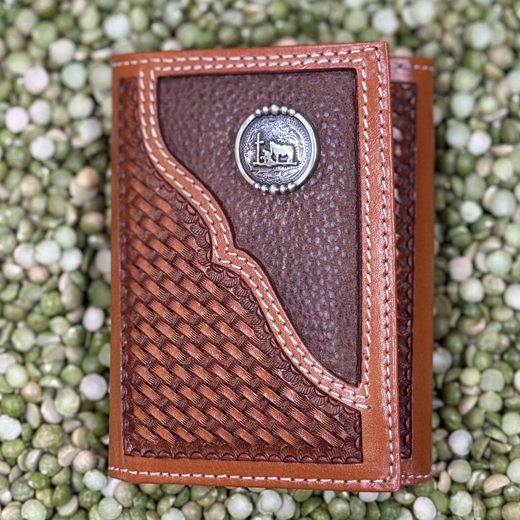 Men's Basketweave Praying Cowboy Concho Trifold Wallet