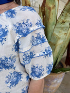 Women's Cream and Blue Floral Puff Sleeve Blouse