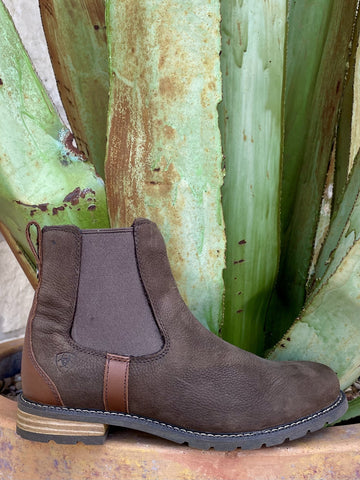 Women's brown waterproof suede Chelsea-style slip-on ankle boot with twin gore elastic panels, round toe, stacked heel, and Ariat logo — Blair's Western Wear Marble Falls TX