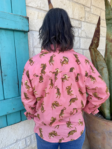 Women's Pink Tiger Print Long Sleeve Button-Front Shirt