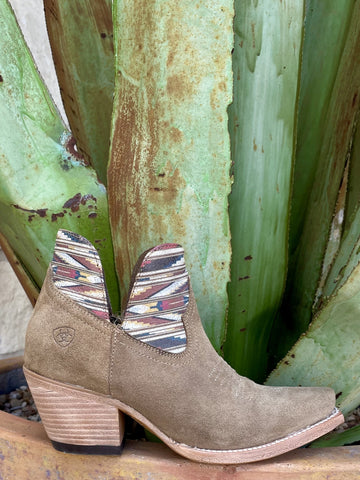 Women's tan roughout leather short western bootie with colorful Aztec-inspired shaft in tan, grey, brick, and blue, pointed toe, and stacked block heel — Blair's Western Wear Marble Falls TX