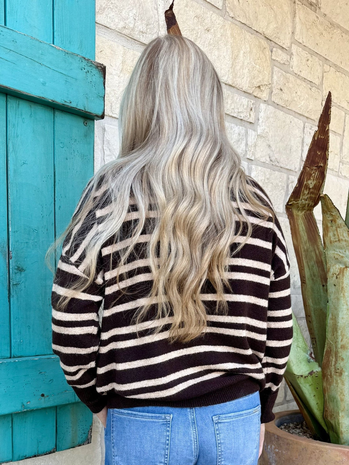 Women's Chocolate Tan Stripe Oversized Long Sleeve Knit Sweater