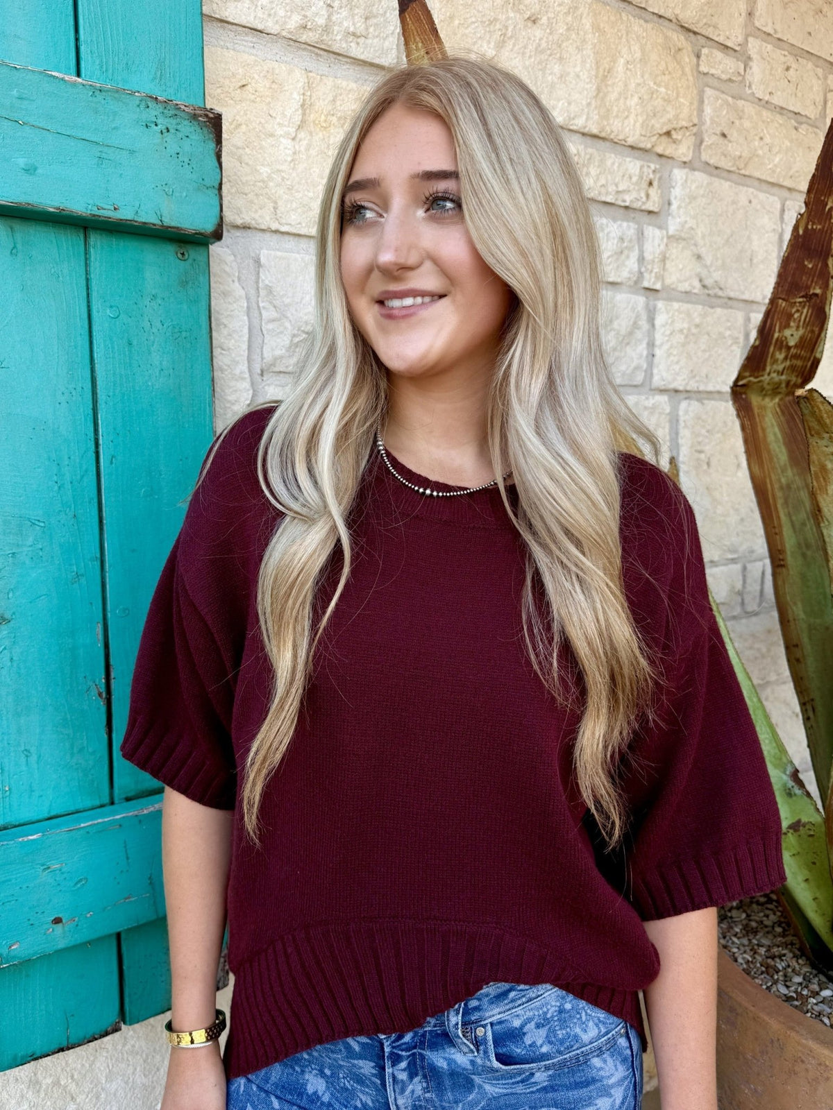 Women's Plum Oversized Hi-Low Short Sleeve Knit Sweater Top