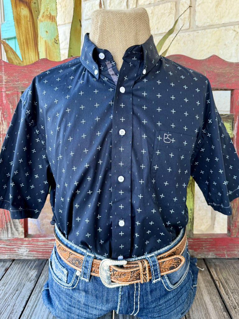Men's black and white geometric print short sleeve western shirt — Blair's Western Wear Marble Falls TX