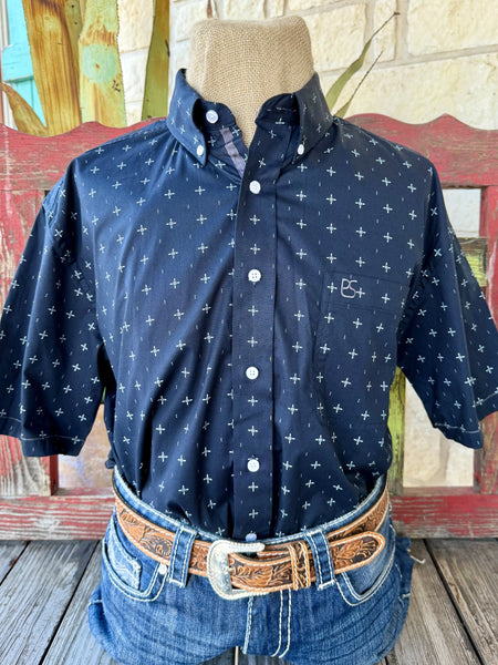 Men's black and white geometric print short sleeve western shirt — Blair's Western Wear Marble Falls TX